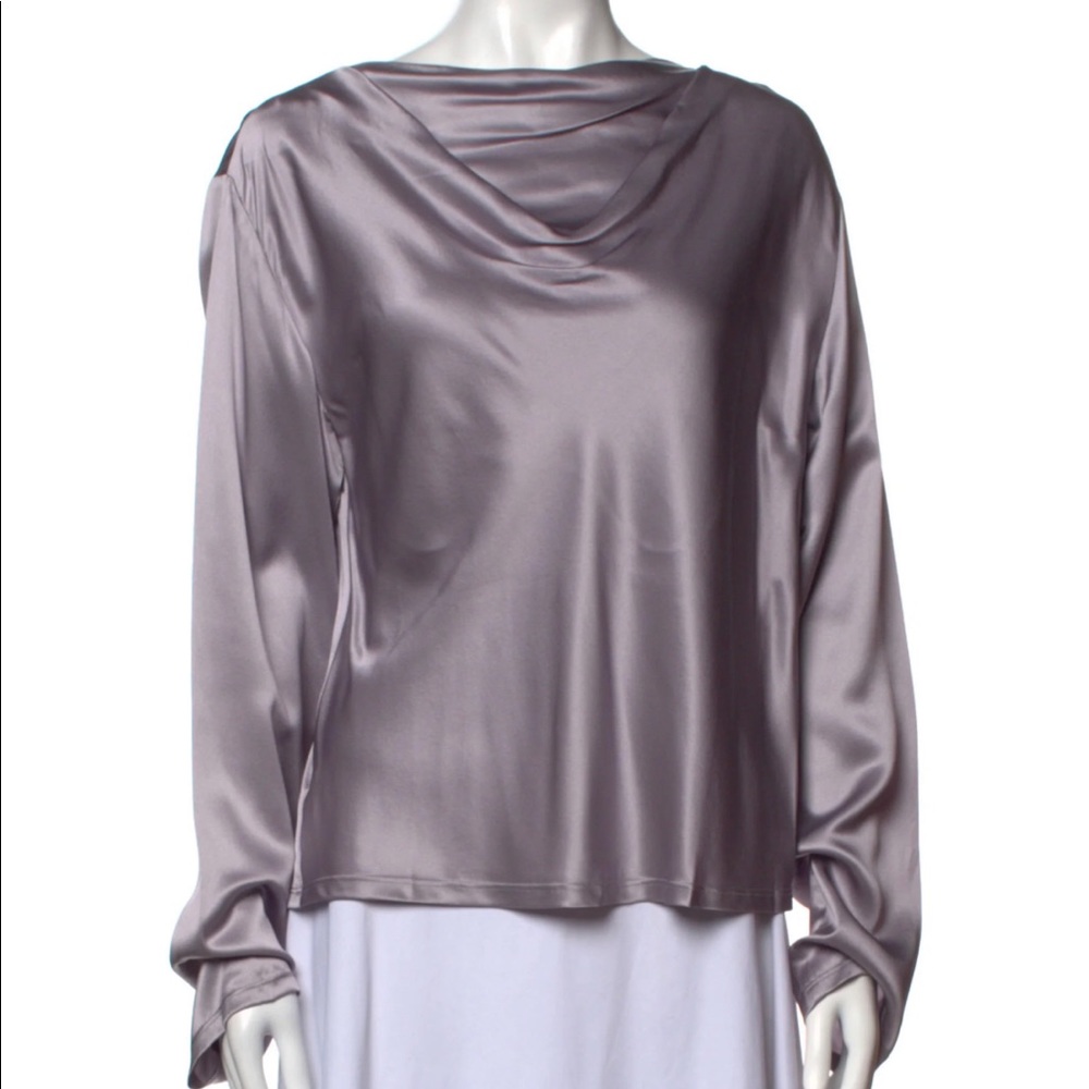 Rta denim silk cowl neck blouse